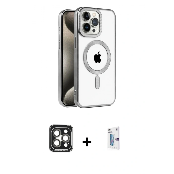 MARSİLYAN™- iPhone 15 Pro Max Kılıf Eksen Form Koleksiyonu - Siyah Bilvis 0.18mm Plus Cam Ekran Koruyucu + PVD Metal Kamera Lens - GI