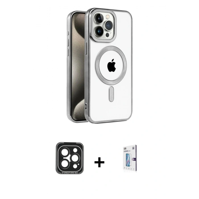 MARSİLYAN™- iPhone 15 Pro Max Kılıf Eksen Form Koleksiyonu - Siyah Bilvis 0.18mm Plus Cam Ekran Koruyucu + PVD Metal Kamera Lens - SH