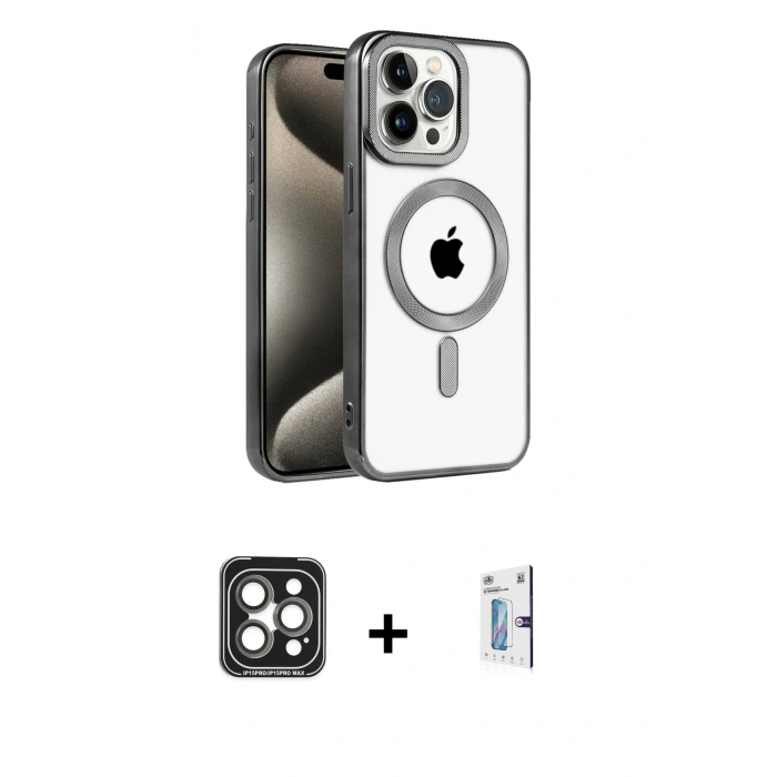MARSİLYAN™- iPhone 15 Pro Max Kılıf Eksen Form Koleksiyonu - Siyah Bilvis 0.18mm Plus Cam Ekran Koruyucu + PVD Metal Kamera Lens - GI