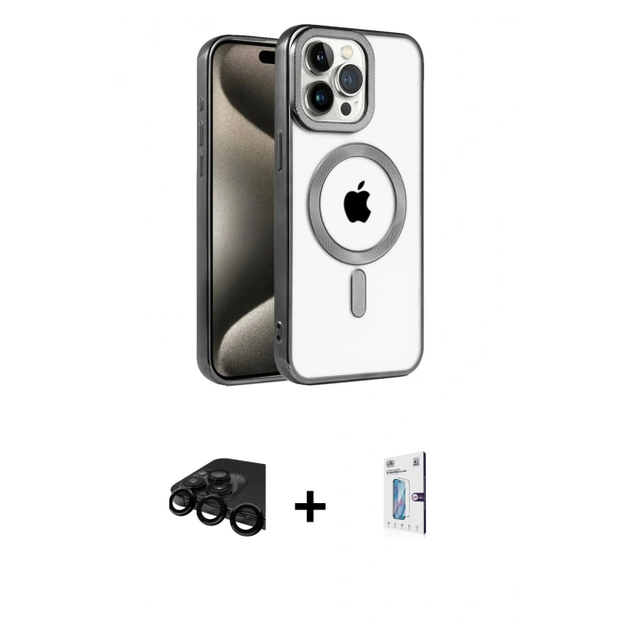MARSİLYAN™- iPhone 15 Pro Max Kılıf Eksen Form Koleksiyonu - Siyah Bilvis 0.18mm Plus Cam Ekran Koruyucu + Raze Metal Kamera Lens - SH