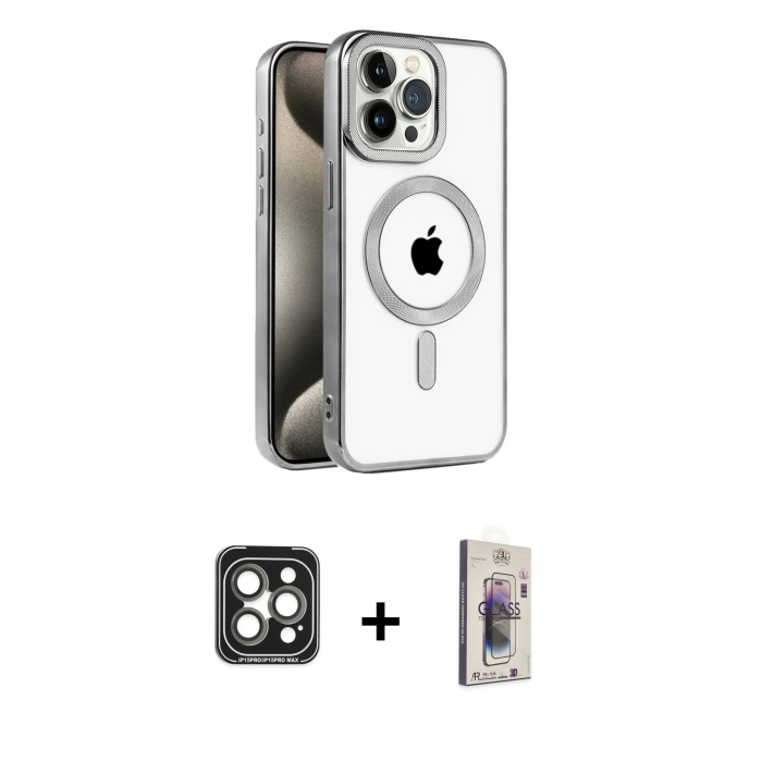 MARSİLYAN™- iPhone 15 Pro Max Kılıf Eksen Form Koleksiyonu - Siyah Bilvis 3D Cam Ekran Koruyucu + PVD Metal Kamera Lens - GI