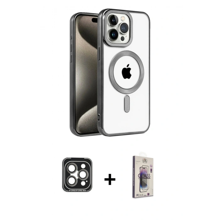 MARSİLYAN™- iPhone 15 Pro Max Kılıf Eksen Form Koleksiyonu - Siyah Bilvis 3D Cam Ekran Koruyucu + PVD Metal Kamera Lens - GI