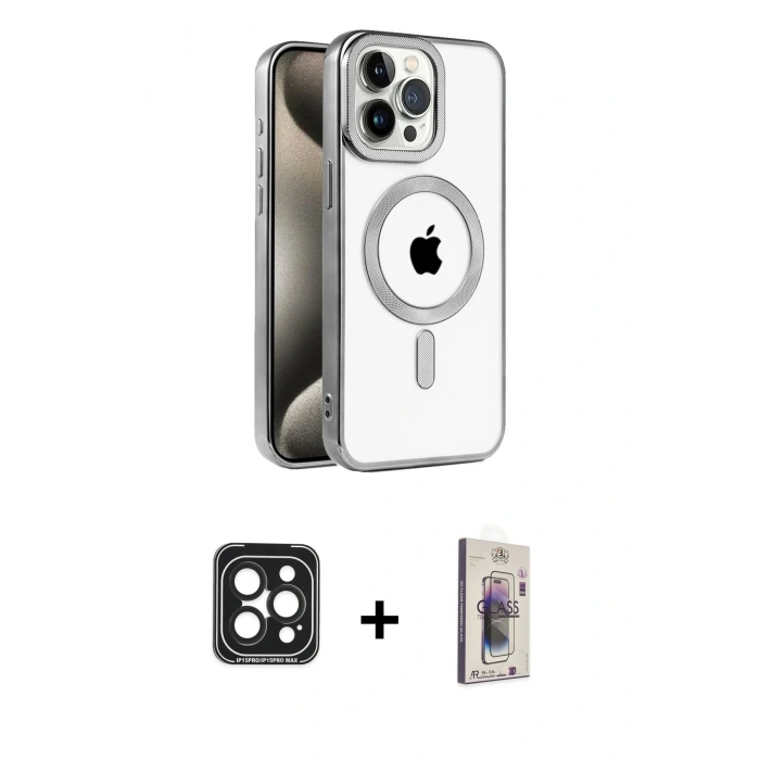 MARSİLYAN™- iPhone 15 Pro Max Kılıf Eksen Form Koleksiyonu - Siyah Bilvis 3D Cam Ekran Koruyucu + PVD Metal Kamera Lens - SH