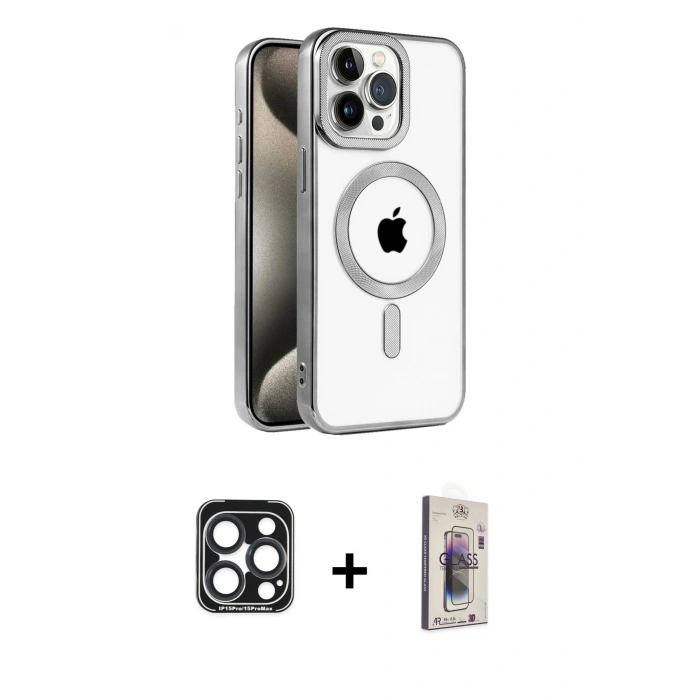 MARSİLYAN™- iPhone 15 Pro Max Kılıf Eksen Form Koleksiyonu - Siyah Bilvis 3D Cam Ekran Koruyucu + PVD Metal Kamera Lens - LT