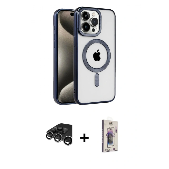 MARSİLYAN™- iPhone 15 Pro Max Kılıf Eksen Form Koleksiyonu - Siyah Bilvis 3D Cam Ekran Koruyucu + Raze Metal Kamera Lens - GS