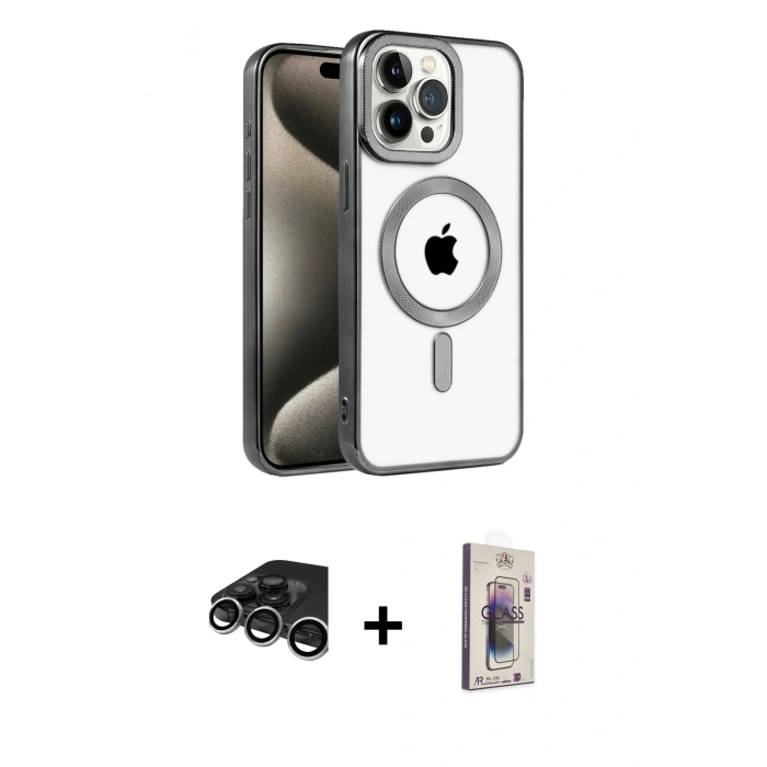 MARSİLYAN™- iPhone 15 Pro Max Kılıf Eksen Form Koleksiyonu - Siyah Bilvis 3D Cam Ekran Koruyucu + Raze Metal Kamera Lens - GS