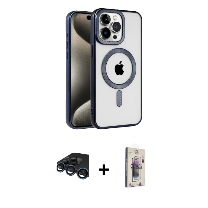 MARSİLYAN™- iPhone 15 Pro Max Kılıf Eksen Form Koleksiyonu - Siyah Bilvis 3D Cam Ekran Koruyucu + Raze Metal Kamera Lens - LT
