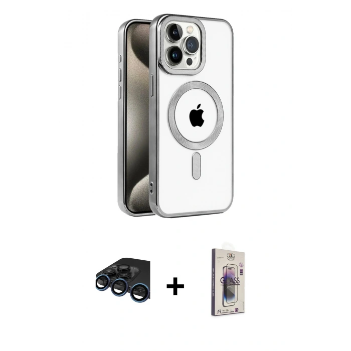 MARSİLYAN™- iPhone 15 Pro Max Kılıf Eksen Form Koleksiyonu - Siyah Bilvis 3D Cam Ekran Koruyucu + Raze Metal Kamera Lens - LT