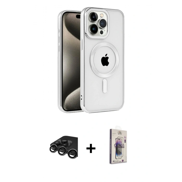 MARSİLYAN™- iPhone 15 Pro Max Kılıf Eksen Form Koleksiyonu - Siyah Bilvis 3D Cam Ekran Koruyucu + Raze Metal Kamera Lens - TMGI