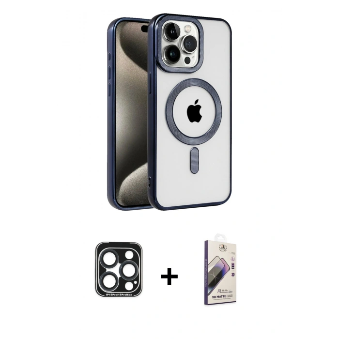 MARSİLYAN™- iPhone 15 Pro Max Kılıf Eksen Form Koleksiyonu - Siyah Bilvis 3D Mat Cam Ekran Koruyucu + PVD Metal Kamera Lens - LT