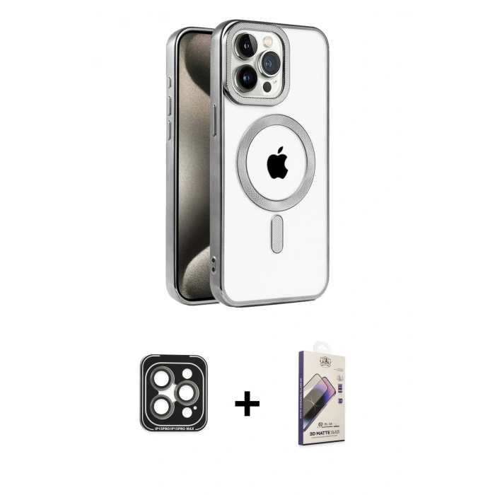 MARSİLYAN™- iPhone 15 Pro Max Kılıf Eksen Form Koleksiyonu - Siyah Bilvis 3D Mat Cam Ekran Koruyucu + PVD Metal Kamera Lens - GI