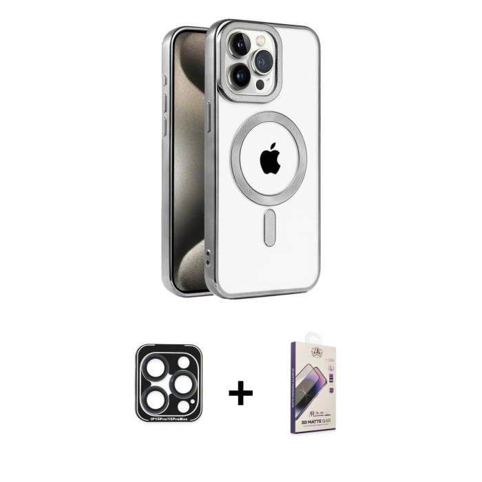 MARSİLYAN™- iPhone 15 Pro Max Kılıf Eksen Form Koleksiyonu - Siyah Bilvis 3D Mat Cam Ekran Koruyucu + PVD Metal Kamera Lens - LT