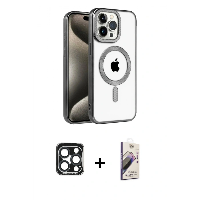 MARSİLYAN™- iPhone 15 Pro Max Kılıf Eksen Form Koleksiyonu - Siyah Bilvis 3D Mat Cam Ekran Koruyucu + PVD Metal Kamera Lens - LT