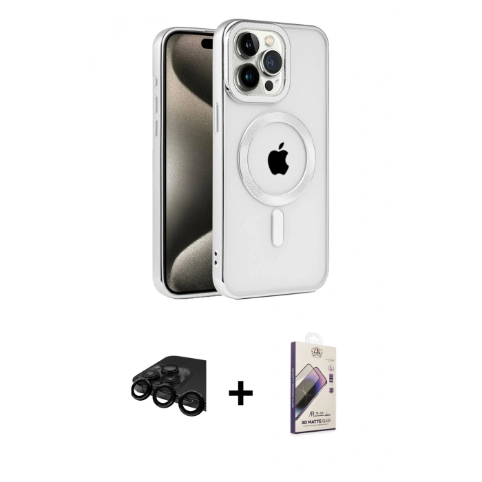 MARSİLYAN™- iPhone 15 Pro Max Kılıf Eksen Form Koleksiyonu - Siyah Bilvis 3D Mat Cam Ekran Koruyucu + Raze Metal Kamera Lens - SH