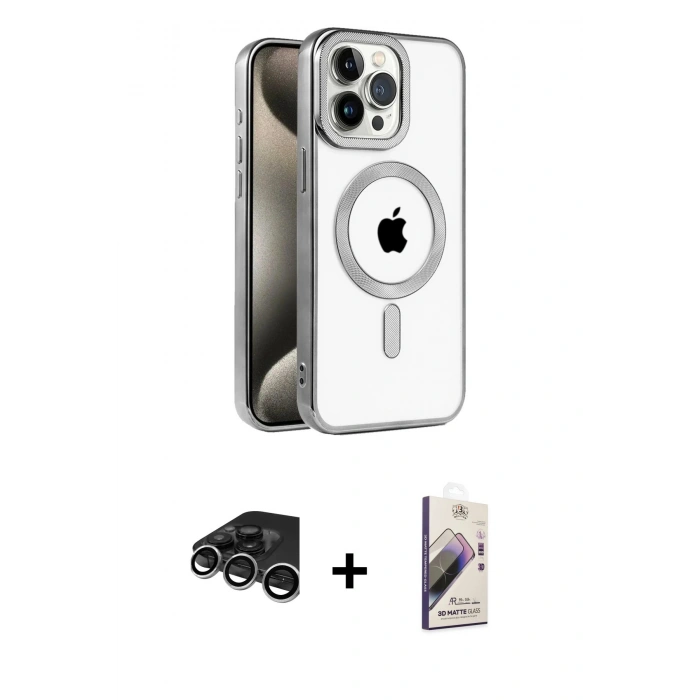 MARSİLYAN™- iPhone 15 Pro Max Kılıf Eksen Form Koleksiyonu - Siyah Bilvis 3D Mat Cam Ekran Koruyucu + Raze Metal Kamera Lens - GS