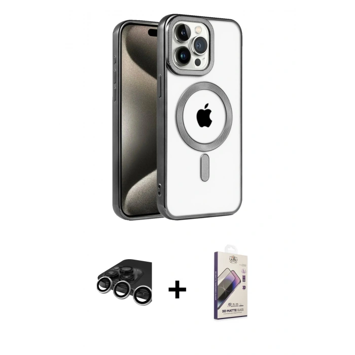 MARSİLYAN™- iPhone 15 Pro Max Kılıf Eksen Form Koleksiyonu - Siyah Bilvis 3D Mat Cam Ekran Koruyucu + Raze Metal Kamera Lens - GS