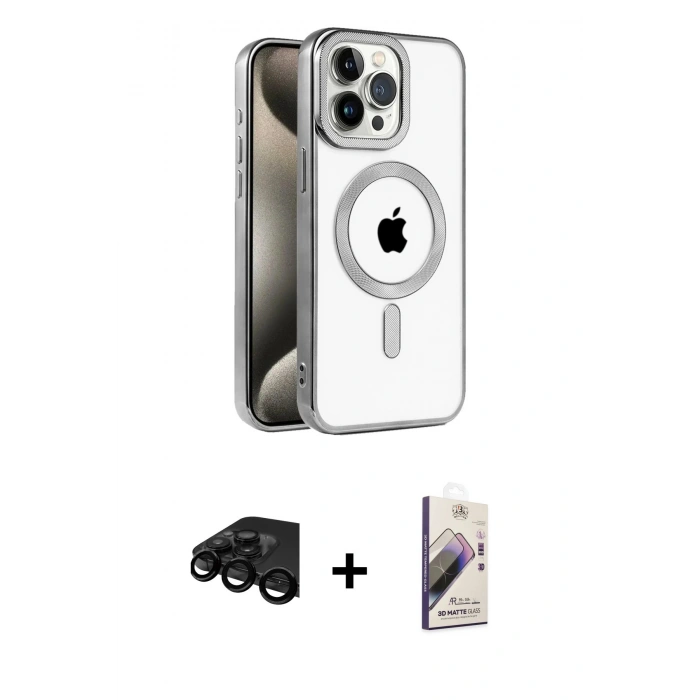 MARSİLYAN™- iPhone 15 Pro Max Kılıf Eksen Form Koleksiyonu - Siyah Bilvis 3D Mat Cam Ekran Koruyucu + Siyah Raze Metal Kamera Lens