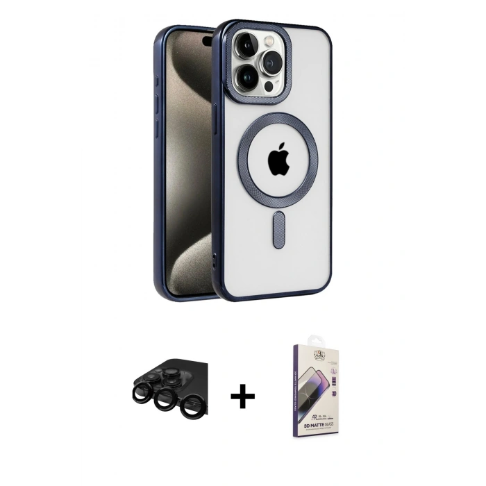 MARSİLYAN™- iPhone 15 Pro Max Kılıf Eksen Form Koleksiyonu - Siyah Bilvis 3D Mat Cam Ekran Koruyucu + Siyah Raze Metal Kamera Lens