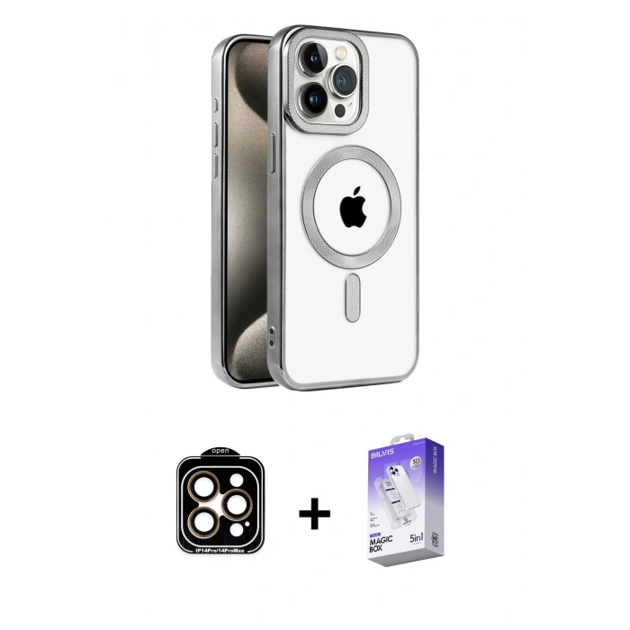 MARSİLYAN™- iPhone 15 Pro Max Kılıf Eksen Form Koleksiyonu - Siyah Bilvis 5in1 3D Magic Cam Ekran Koruyucu + PVD Metal Kamera Lens - TU