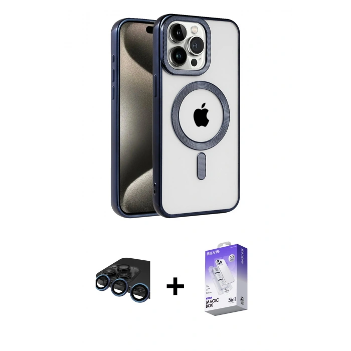 MARSİLYAN™- iPhone 15 Pro Max Kılıf Eksen Form Koleksiyonu - Siyah Bilvis 5in1 3D Magic Cam Ekran Koruyucu + Lacivert Raze Metal Kamera Lens