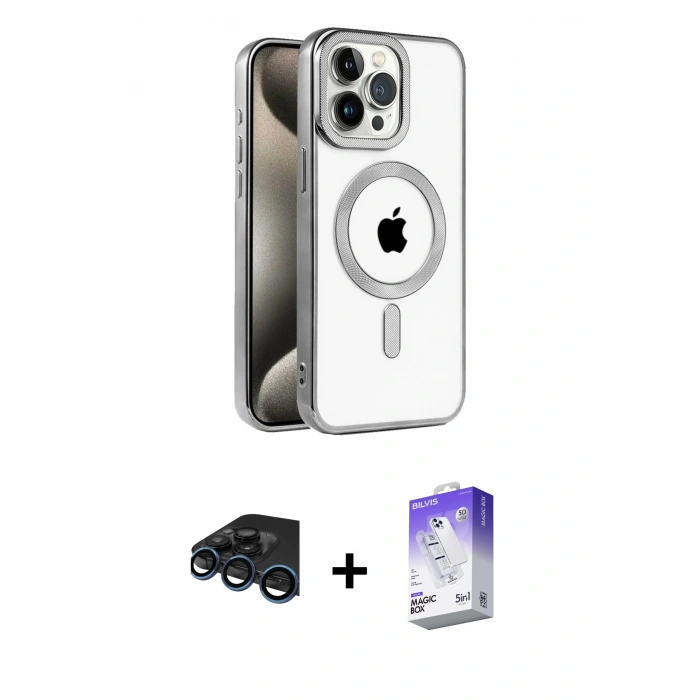 MARSİLYAN™- iPhone 15 Pro Max Kılıf Eksen Form Koleksiyonu - Siyah Bilvis 5in1 3D Magic Cam Ekran Koruyucu + Lacivert Raze Metal Kamera Lens