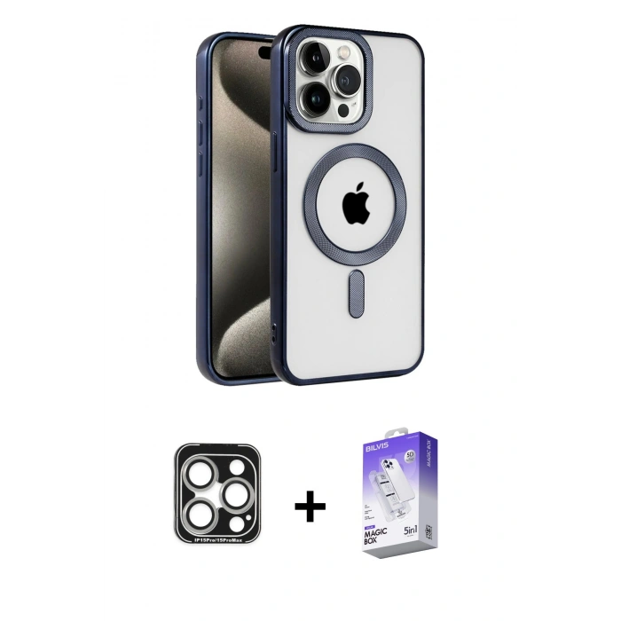 MARSİLYAN™- iPhone 15 Pro Max Kılıf Eksen Form Koleksiyonu - Siyah Bilvis 5in1 3D Magic Cam Ekran Koruyucu + PVD Metal Kamera Lens - GS