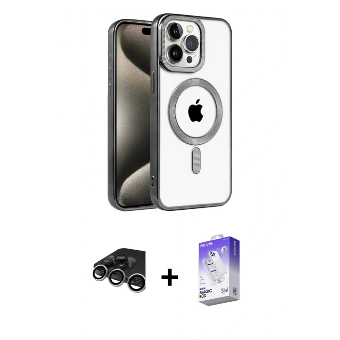 MARSİLYAN™- iPhone 15 Pro Max Kılıf Eksen Form Koleksiyonu - Siyah Bilvis 5in1 3D Magic Cam Ekran Koruyucu + Raze Metal Kamera Lens - GS