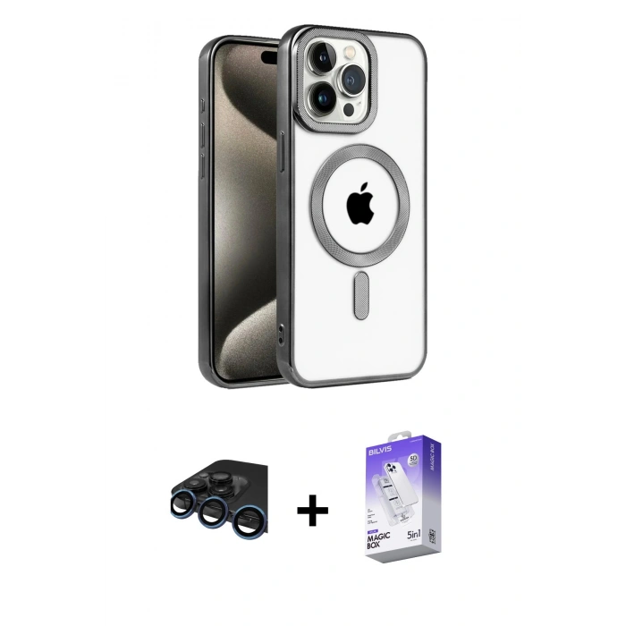 MARSİLYAN™- iPhone 15 Pro Max Kılıf Eksen Form Koleksiyonu - Siyah Bilvis 5in1 3D Magic Cam Ekran Koruyucu + Lacivert Raze Metal Kamera Lens