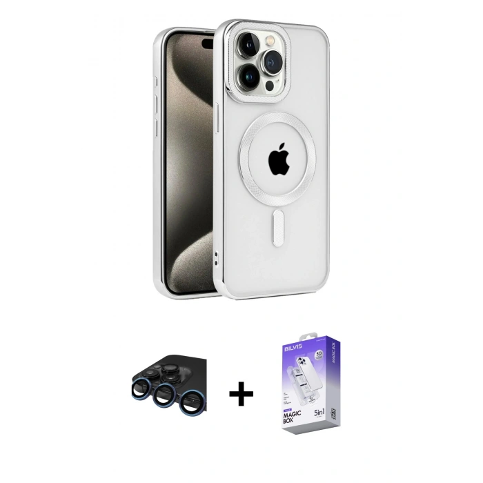MARSİLYAN™- iPhone 15 Pro Max Kılıf Eksen Form Koleksiyonu - Siyah Bilvis 5in1 3D Magic Cam Ekran Koruyucu + Lacivert Raze Metal Kamera Lens