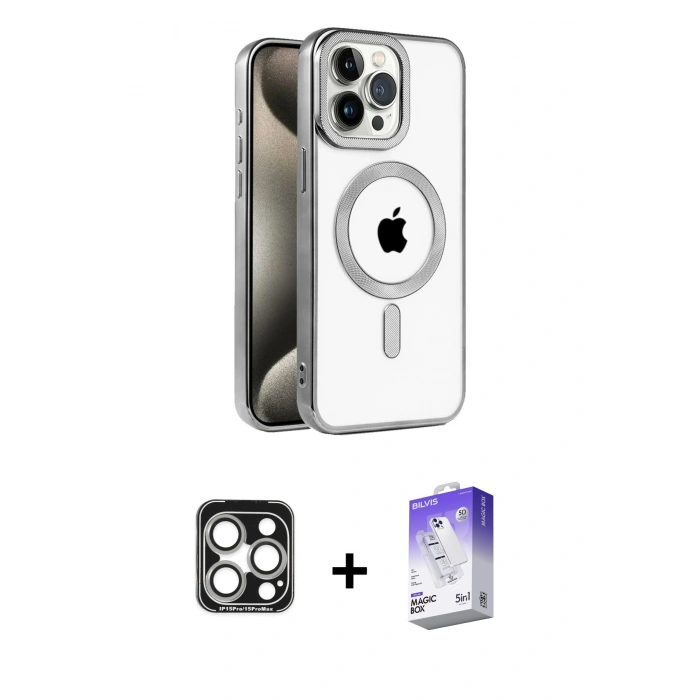 MARSİLYAN™- iPhone 15 Pro Max Kılıf Eksen Form Koleksiyonu - Siyah Bilvis 5in1 3D Magic Cam Ekran Koruyucu + PVD Metal Kamera Lens - GS