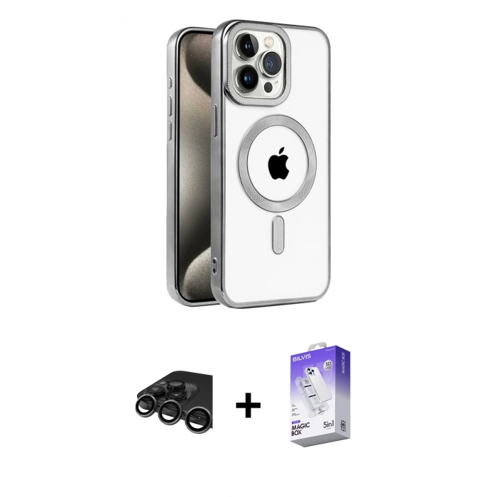 MARSİLYAN™- iPhone 15 Pro Max Kılıf Eksen Form Koleksiyonu - Siyah Bilvis 5in1 3D Magic Cam Ekran Koruyucu + Raze Metal Kamera Lens - TMGI