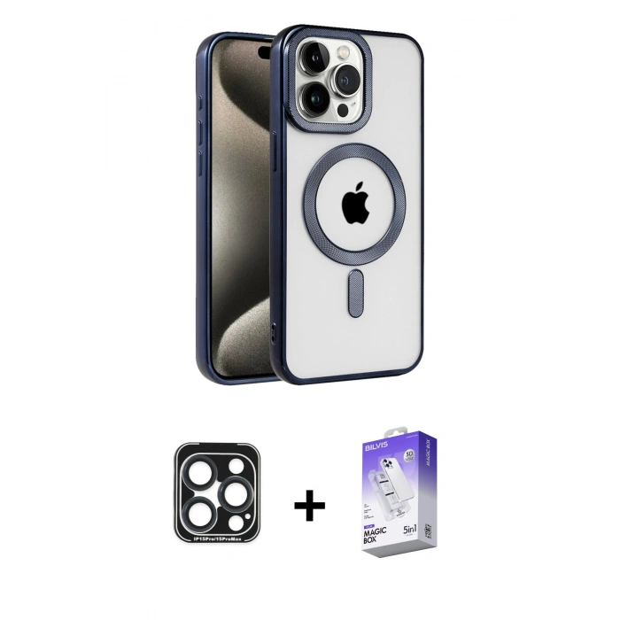 MARSİLYAN™- iPhone 15 Pro Max Kılıf Eksen Form Koleksiyonu - Siyah Bilvis 5in1 3D Magic Cam Ekran Koruyucu + PVD Metal Kamera Lens - LT