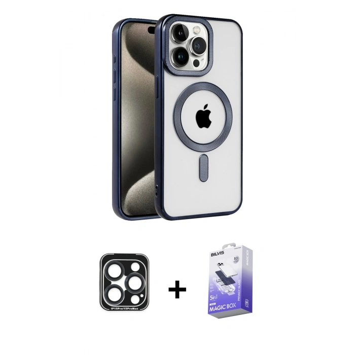MARSİLYAN™- iPhone 15 Pro Max Kılıf Eksen Form Koleksiyonu - Siyah Bilvis 5in1 5D Magic Hayalet Cam Ekran Koruyucu + Lacivert PVD Metal Kamera Lens
