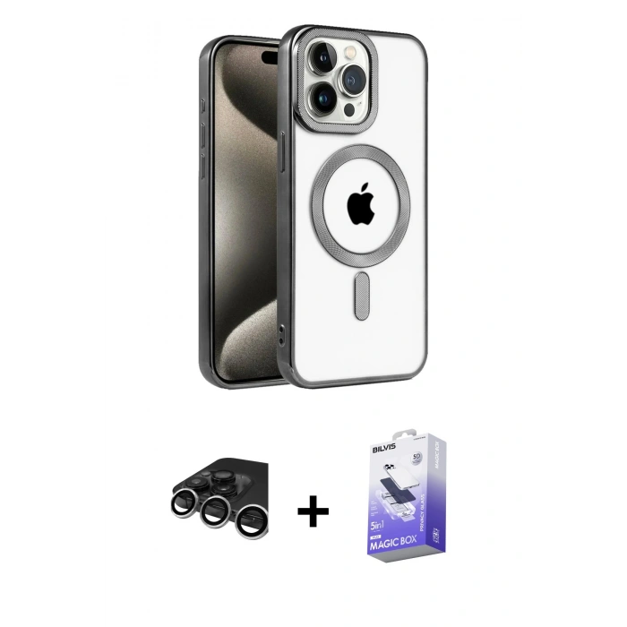 MARSİLYAN™- iPhone 15 Pro Max Kılıf Eksen Form Koleksiyonu - Siyah Bilvis 5in1 5D Magic Hayalet Cam Ekran Koruyucu + Raze Metal Kamera Lens - GS