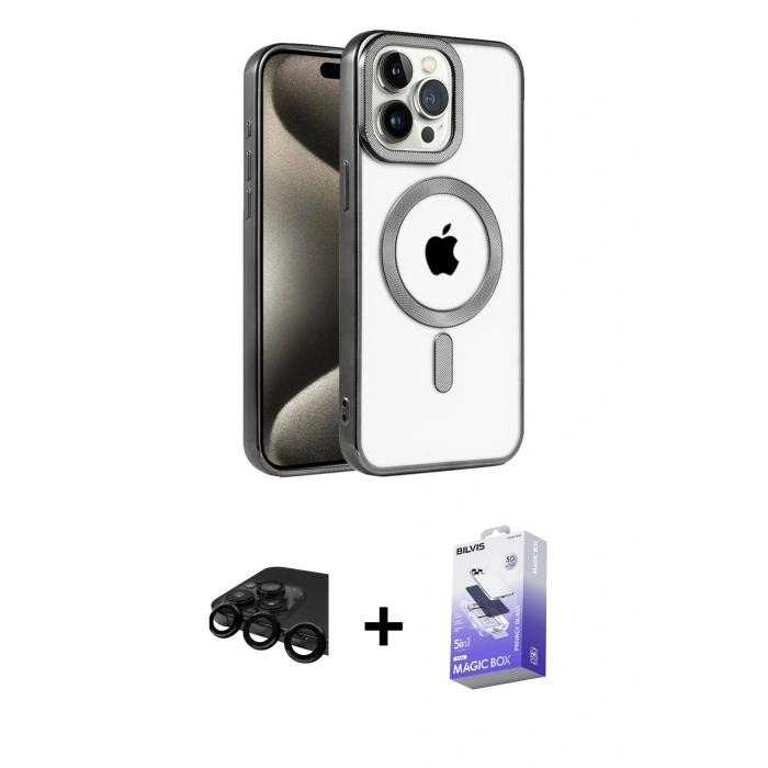 MARSİLYAN™- iPhone 15 Pro Max Kılıf Eksen Form Koleksiyonu - Siyah Bilvis 5in1 5D Magic Hayalet Cam Ekran Koruyucu + Siyah Raze Metal Kamera Lens