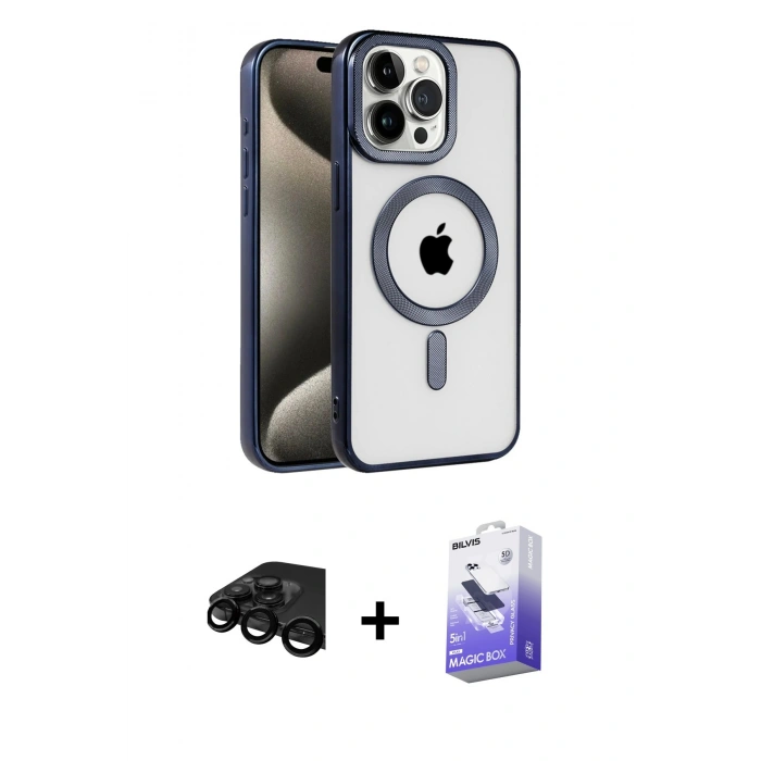 MARSİLYAN™- iPhone 15 Pro Max Kılıf Eksen Form Koleksiyonu - Siyah Bilvis 5in1 5D Magic Hayalet Cam Ekran Koruyucu + Siyah Raze Metal Kamera Lens