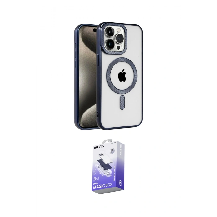 MARSİLYAN™- iPhone 15 Pro Max Kılıf Eksen Form Koleksiyonu - Siyah Bilvis 5in1 5D Magic Hayalet Cam Ekran Koruyucu