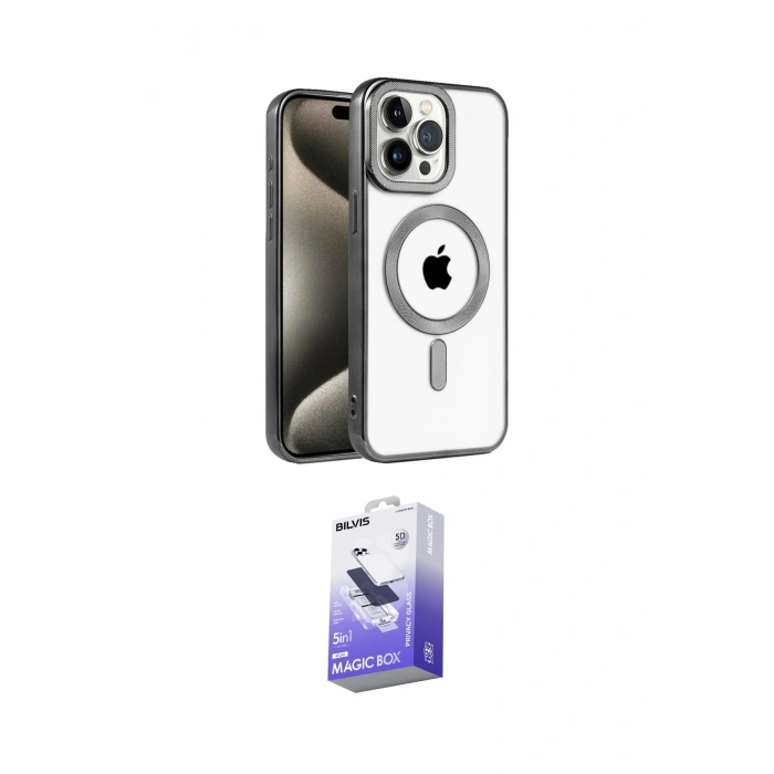 MARSİLYAN™- iPhone 15 Pro Max Kılıf Eksen Form Koleksiyonu - Siyah Bilvis 5in1 5D Magic Hayalet Cam Ekran Koruyucu