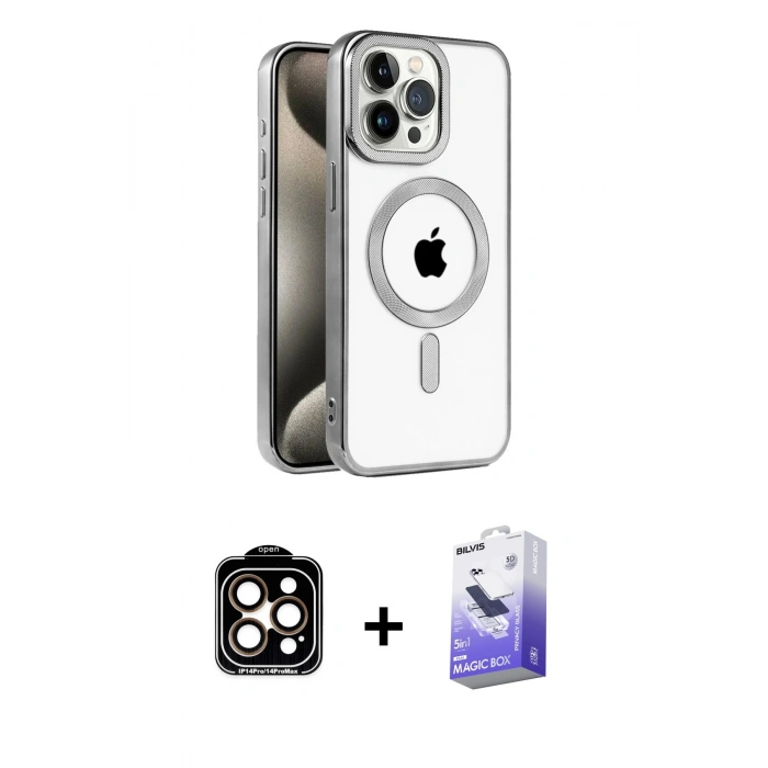 MARSİLYAN™- iPhone 15 Pro Max Kılıf Eksen Form Koleksiyonu - Siyah Bilvis 5in1 5D Magic Hayalet Cam Ekran Koruyucu + PVD Metal Kamera Lens - TU