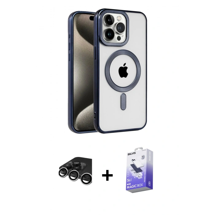 MARSİLYAN™- iPhone 15 Pro Max Kılıf Eksen Form Koleksiyonu - Siyah Bilvis 5in1 5D Magic Hayalet Cam Ekran Koruyucu + Raze Metal Kamera Lens - GS