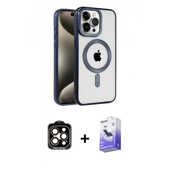 MARSİLYAN™- iPhone 15 Pro Max Kılıf Eksen Form Koleksiyonu - Siyah Bilvis 5in1 5D Magic Hayalet Cam Ekran Koruyucu + PVD Metal Kamera Lens - TU