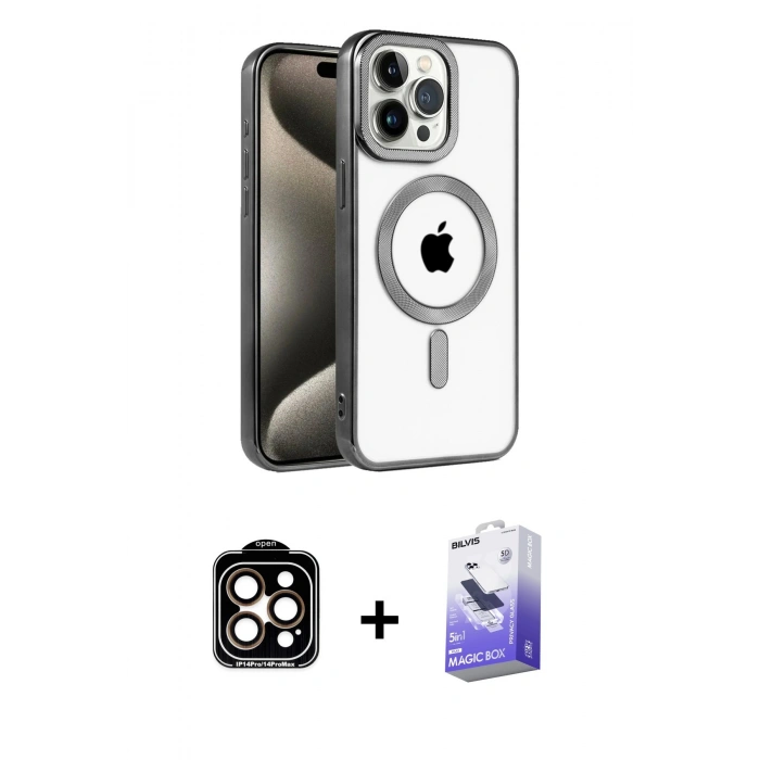 MARSİLYAN™- iPhone 15 Pro Max Kılıf Eksen Form Koleksiyonu - Siyah Bilvis 5in1 5D Magic Hayalet Cam Ekran Koruyucu + PVD Metal Kamera Lens - TU