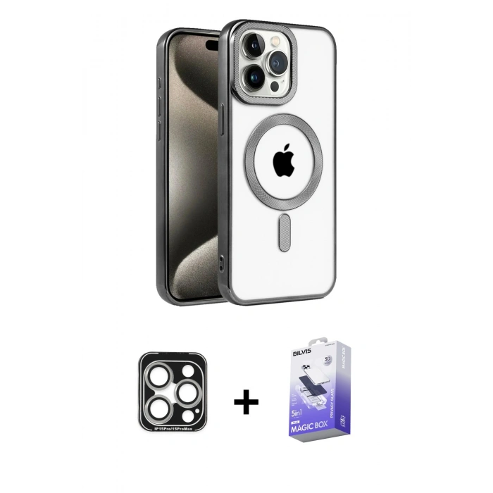 MARSİLYAN™- iPhone 15 Pro Max Kılıf Eksen Form Koleksiyonu - Siyah Bilvis 5in1 5D Magic Hayalet Cam Ekran Koruyucu + PVD Metal Kamera Lens - GS