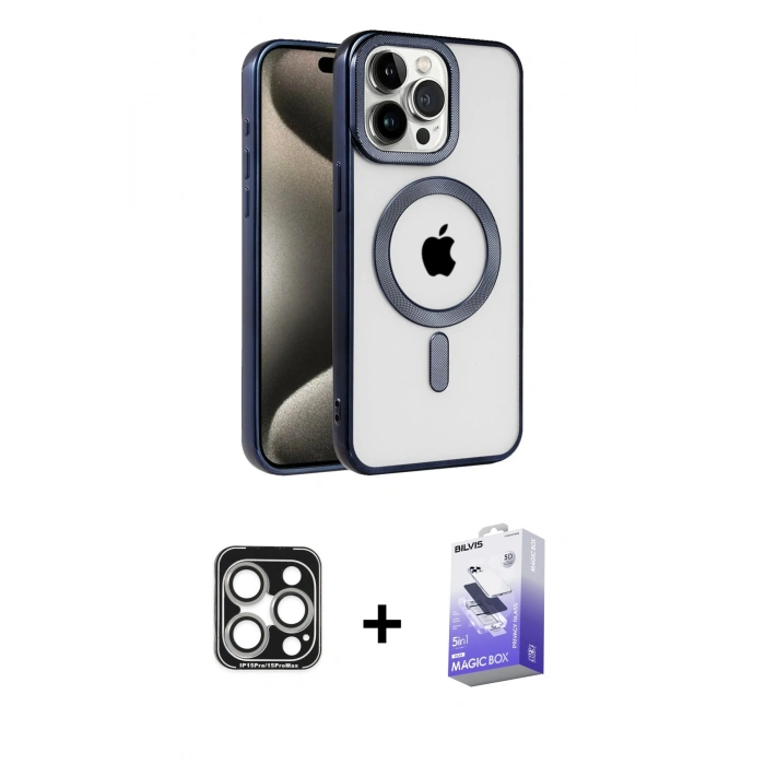 MARSİLYAN™- iPhone 15 Pro Max Kılıf Eksen Form Koleksiyonu - Siyah Bilvis 5in1 5D Magic Hayalet Cam Ekran Koruyucu + PVD Metal Kamera Lens - GS