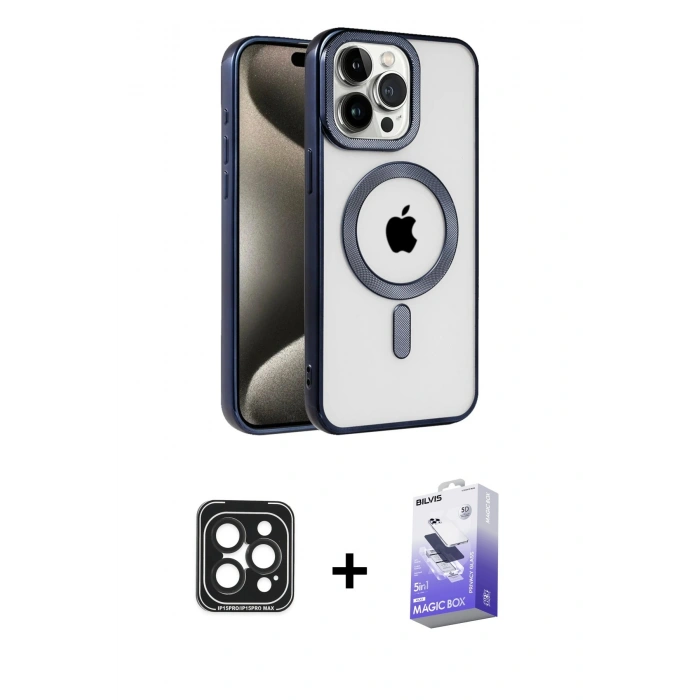 MARSİLYAN™- iPhone 15 Pro Max Kılıf Eksen Form Koleksiyonu - Siyah Bilvis 5in1 5D Magic Hayalet Cam Ekran Koruyucu + PVD Metal Kamera Lens - SH