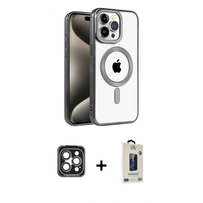 MARSİLYAN™- iPhone 15 Pro Max Kılıf Eksen Form Koleksiyonu - Siyah Bilvis Hayalet Cam Ekran Koruyucu + Gri PVD Metal Kamera Lens