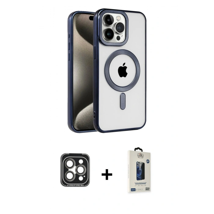 MARSİLYAN™- iPhone 15 Pro Max Kılıf Eksen Form Koleksiyonu - Siyah Bilvis Hayalet Cam Ekran Koruyucu + Gri PVD Metal Kamera Lens