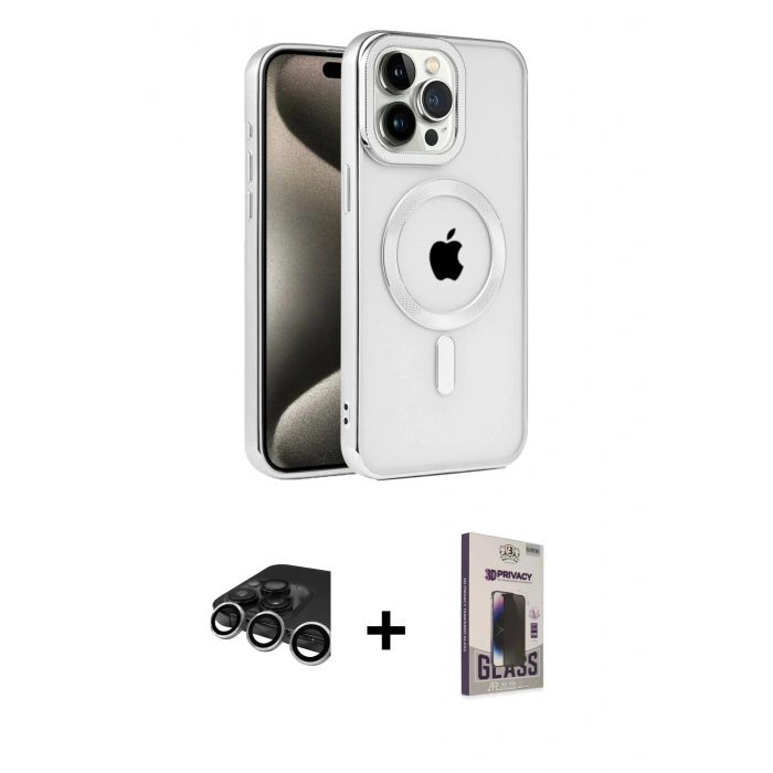 MARSİLYAN™- iPhone 15 Pro Max Kılıf Eksen Form Koleksiyonu - Siyah Bilvis Hayalet Cam Ekran Koruyucu + Gümüş Raze Metal Kamera Lens