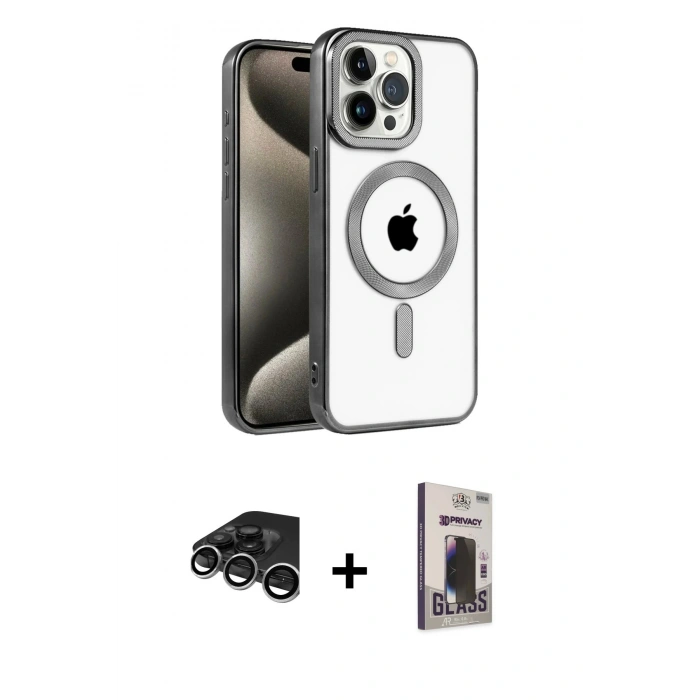 MARSİLYAN™- iPhone 15 Pro Max Kılıf Eksen Form Koleksiyonu - Siyah Bilvis Hayalet Cam Ekran Koruyucu + Gümüş Raze Metal Kamera Lens
