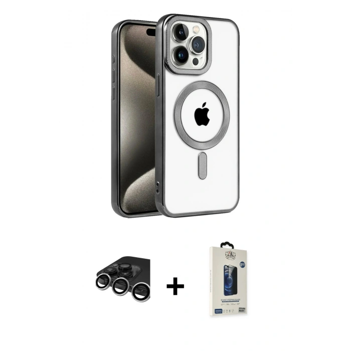 MARSİLYAN™- iPhone 15 Pro Max Kılıf Eksen Form Koleksiyonu - Siyah Bilvis Hayalet Cam Ekran Koruyucu + Raze Metal Kamera Lens - GS